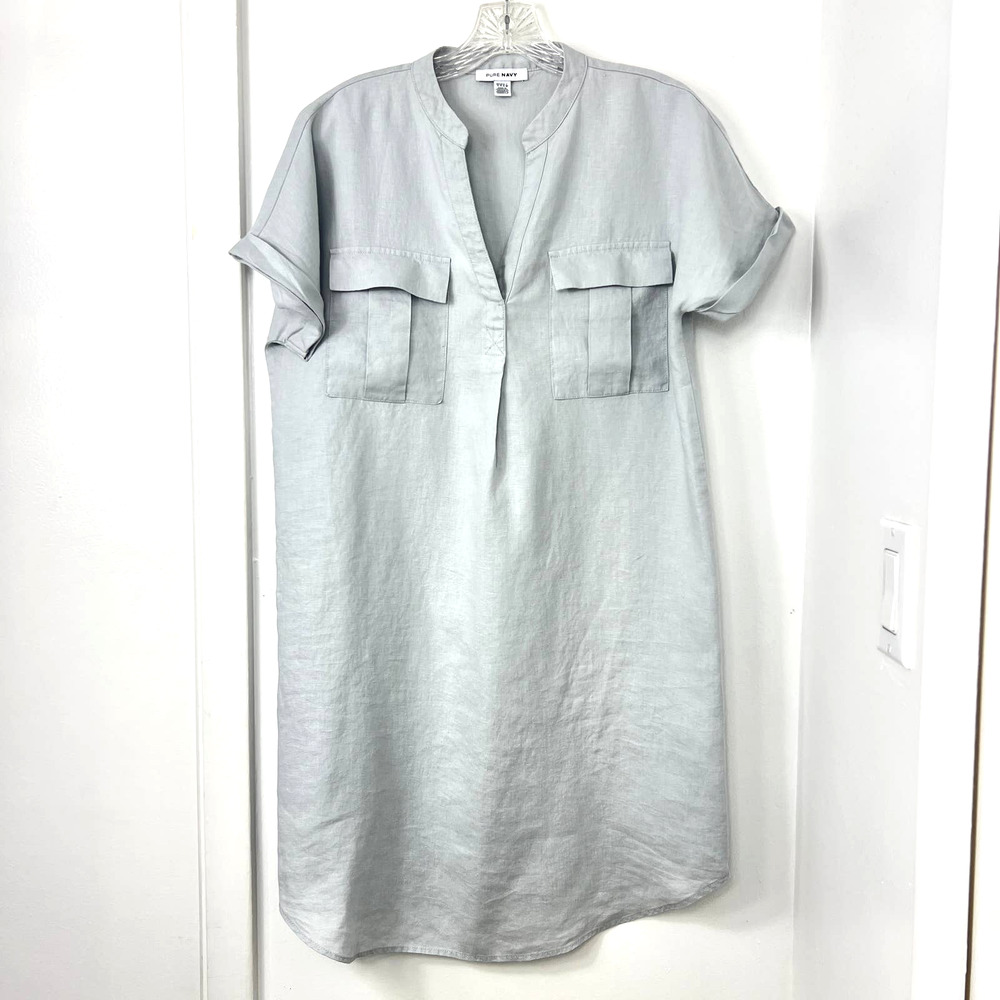 Linen Pocket Shift Dress - Light Gray